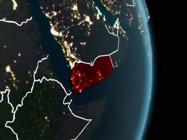 Yemen Haritası beyaz sınır çizgileri ve şehir ışıkları ile gece gezegeni uzaydan görüldüğü gibi kırmızı. 3D çizim. Nasa tarafından döşenmiş bu görüntü unsurları.