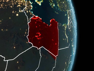 Libya Haritası beyaz sınır çizgileri ve şehir ışıkları ile gece gezegeni uzaydan görüldüğü gibi kırmızı. 3D çizim. Nasa tarafından döşenmiş bu görüntü unsurları.