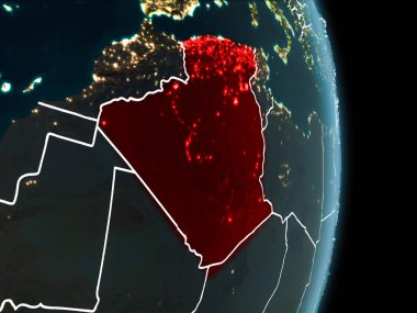 Cezayir Haritası beyaz sınır çizgileri ve şehir ışıkları ile gece gezegeni uzaydan görüldüğü gibi kırmızı. 3D çizim. Nasa tarafından döşenmiş bu görüntü unsurları.