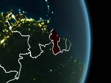 Guyana Haritası beyaz sınır çizgileri ve şehir ışıkları ile gece gezegeni uzaydan görüldüğü gibi kırmızı. 3D çizim. Nasa tarafından döşenmiş bu görüntü unsurları.