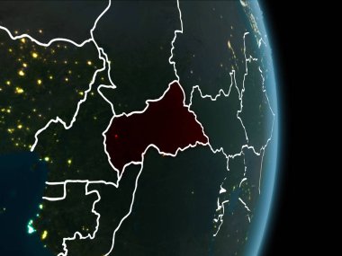 Orta Afrika Haritası beyaz sınır çizgileri ve şehir ışıkları ile gece gezegeni uzaydan görüldüğü gibi kırmızı. 3D çizim. Nasa tarafından döşenmiş bu görüntü unsurları.