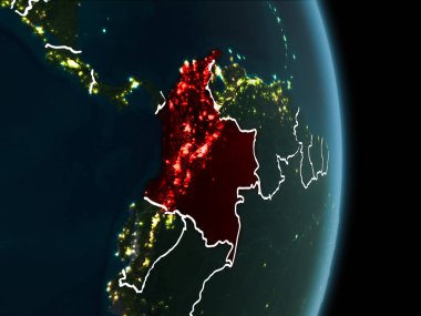 Kolombiya Haritası beyaz sınır çizgileri ve şehir ışıkları ile gece gezegeni uzaydan görüldüğü gibi kırmızı. 3D çizim. Nasa tarafından döşenmiş bu görüntü unsurları.