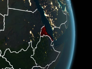 Eritre Haritası beyaz sınır çizgileri ve şehir ışıkları ile gece gezegeni uzaydan görüldüğü gibi kırmızı. 3D çizim. Nasa tarafından döşenmiş bu görüntü unsurları.