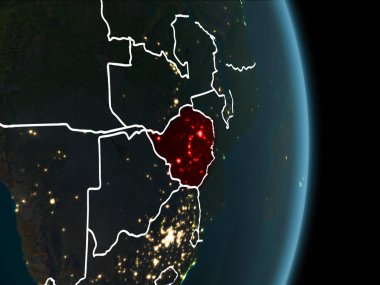 Zimbabve Haritası beyaz sınır çizgileri ve şehir ışıkları ile gece gezegeni uzaydan görüldüğü gibi kırmızı. 3D çizim. Nasa tarafından döşenmiş bu görüntü unsurları.