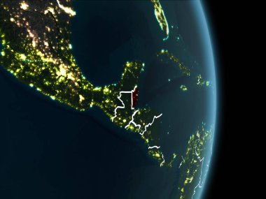 Belize Haritası Beyaz sınır çizgileri ve şehir ışıkları ile gece gezegeni uzaydan görüldüğü gibi kırmızı. 3D çizim. Nasa tarafından döşenmiş bu görüntü unsurları.
