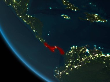 Panama çok detaylı yüzey dokuları ile gece Dünya gezegeninin yörüngeden. 3D çizim. Nasa tarafından döşenmiş bu görüntü unsurları.