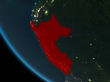 Son derece detaylı yüzey dokuları ile gece Dünya gezegeninin yörüngesine Peru'dan. 3D çizim. Nasa tarafından döşenmiş bu görüntü unsurları.