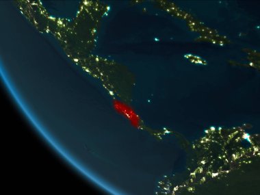 Son derece detaylı yüzey dokuları ile gece Dünya gezegeninin yörüngeden Kosta Rika. 3D çizim. Nasa tarafından döşenmiş bu görüntü unsurları.