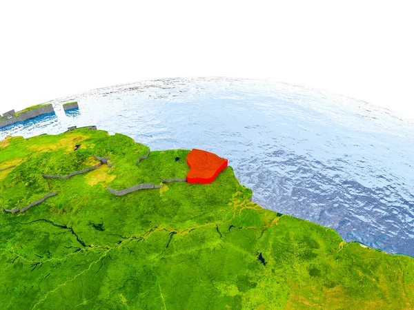 Fransız Guyanası gerçekçi arazi yüzeyi, görünür ülke sınırları ve okyanuslar yerine su ile dünya üzerinde kırmızı vurgulanır. 3D çizim. Nasa tarafından döşenmiş bu görüntü unsurları.