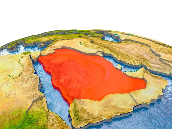 Suudi Arabistan gerçekçi arazi yüzeyi, görünür ülke sınırları ve okyanuslar yerine su ile dünya üzerinde kırmızı vurgulanır. 3D çizim. Nasa tarafından döşenmiş bu görüntü unsurları.