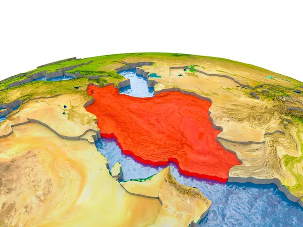 Iran highlighted in red on globe with realistic land surface, visible country borders and water in place of oceans. 3D illustration. Elements of this image furnished by NASA.