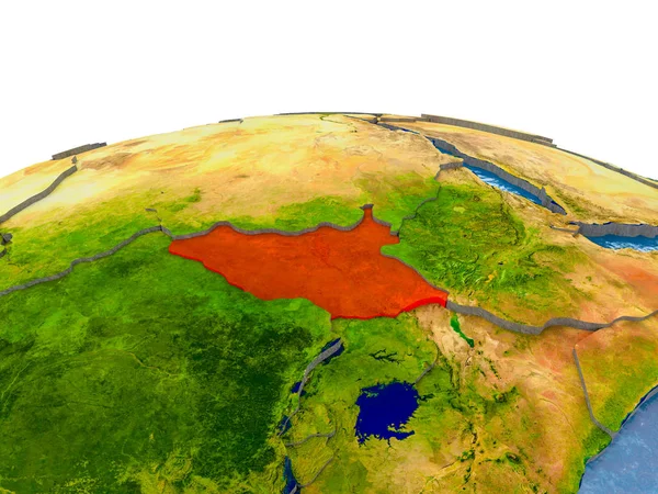 South Sudan highlighted in red on globe with realistic land surface, visible country borders and water in place of oceans. 3D illustration. Elements of this image furnished by NASA.