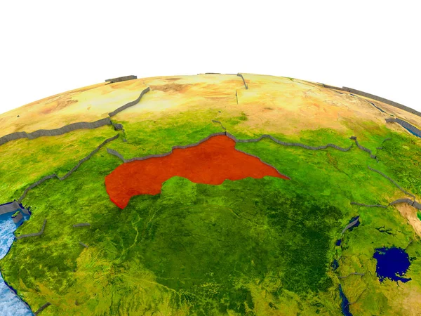 Central Africa highlighted in red on globe with realistic land surface, visible country borders and water in place of oceans. 3D illustration. Elements of this image furnished by NASA.