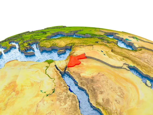 Jordan highlighted in red on globe with realistic land surface, visible country borders and water in place of oceans. 3D illustration. Elements of this image furnished by NASA.