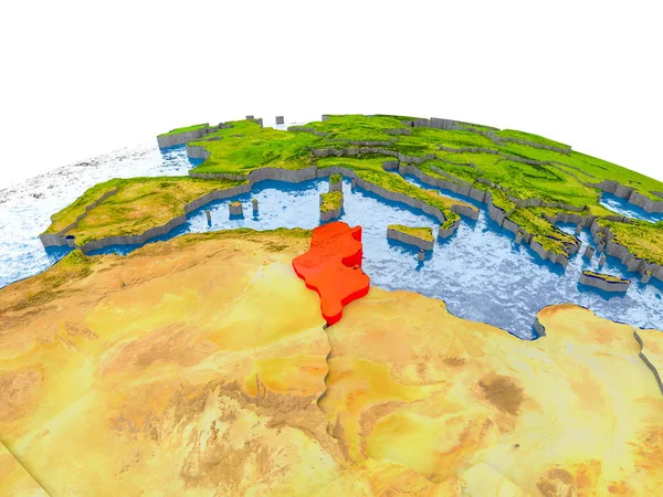 Tunisia highlighted in red on globe with realistic land surface, visible country borders and water in place of oceans. 3D illustration. Elements of this image furnished by NASA.
