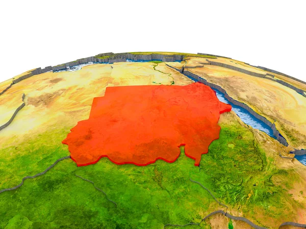 Sudan highlighted in red on globe with realistic land surface, visible country borders and water in place of oceans. 3D illustration. Elements of this image furnished by NASA.