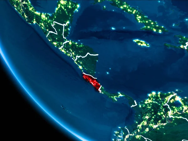 Kosta Rika Haritası Beyaz sınır çizgileri ve şehir ışıkları ile gece gezegeni uzaydan görüldüğü gibi kırmızı. 3D çizim. Nasa tarafından döşenmiş bu görüntü unsurları.