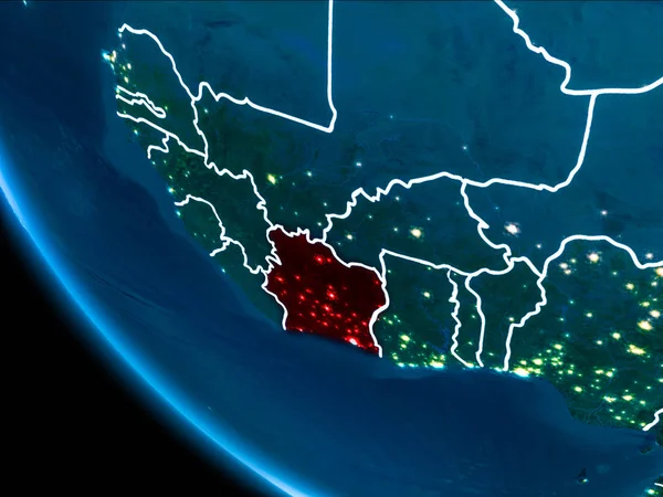 Fildişi Sahili haritası beyaz sınır çizgileri ve şehir ışıkları ile gece gezegeni uzaydan görüldüğü gibi kırmızı. 3D çizim. Nasa tarafından döşenmiş bu görüntü unsurları.