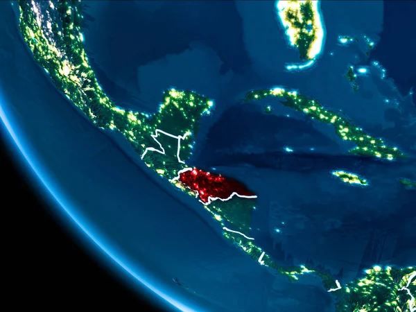Honduras Haritası Beyaz sınır çizgileri ve şehir ışıkları ile gece gezegeni uzaydan görüldüğü gibi kırmızı. 3D çizim. Nasa tarafından döşenmiş bu görüntü unsurları.