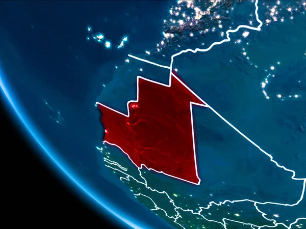 Moritanya Haritası Beyaz sınır çizgileri ve şehir ışıkları ile gece gezegeni uzaydan görüldüğü gibi kırmızı. 3D çizim. Nasa tarafından döşenmiş bu görüntü unsurları.
