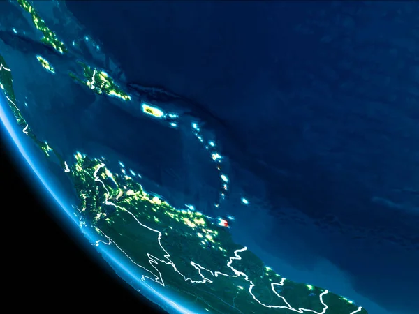Caribbean Haritası Beyaz sınır çizgileri ve şehir ışıkları ile gece gezegeni uzaydan görüldüğü gibi kırmızı. 3D çizim. Nasa tarafından döşenmiş bu görüntü unsurları.