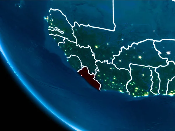 Liberya Haritası Beyaz sınır çizgileri ve şehir ışıkları ile gece gezegeni uzaydan görüldüğü gibi kırmızı. 3D çizim. Nasa tarafından döşenmiş bu görüntü unsurları.