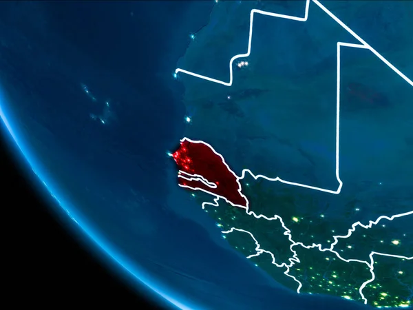 Карта Сенегалу Червоний Колір Видно Космосу Планеті Земля Вночі Білим — стокове фото