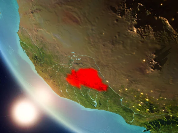 Burkina Faso Planet Earth görünür ülke sınırları ile kırmızı günbatımı sırasında vurgulanan uydu görüntüsü. 3D çizim. Nasa tarafından döşenmiş bu görüntü unsurları.