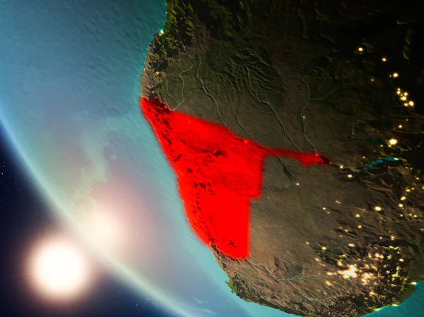 Planet Earth görünür ülke sınırları ile kırmızı günbatımı sırasında vurgulanan Namibya uydu görünümü. 3D çizim. Nasa tarafından döşenmiş bu görüntü unsurları.