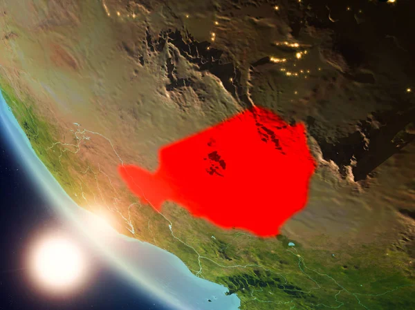 Planet Earth görünür ülke sınırları ile kırmızı günbatımı sırasında vurgulanan Nijer uydu görüntüsü. 3D çizim. Nasa tarafından döşenmiş bu görüntü unsurları.