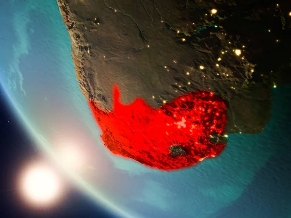 Güney Afrika Planet Earth görünür ülke sınırları ile kırmızı günbatımı sırasında vurgulanan uydu görüntüsü. 3D çizim. Nasa tarafından döşenmiş bu görüntü unsurları.