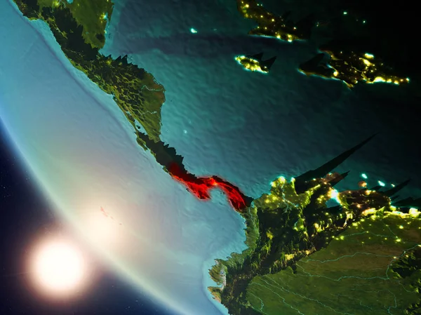 Uydu görüntüsü Panama Planet Earth görünür ülke sınırları ile kırmızı günbatımı sırasında vurgulanır. 3D çizim. Nasa tarafından döşenmiş bu görüntü unsurları.