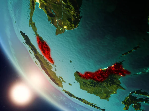 Planet Earth görünür ülke sınırları ile kırmızı günbatımı sırasında vurgulanan Malezya uydu görüntüsü. 3D çizim. Nasa tarafından döşenmiş bu görüntü unsurları.