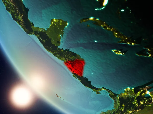 Planet Earth görünür ülke sınırları ile kırmızı günbatımı sırasında vurgulanan Nikaragua uydu görüntüsü. 3D çizim. Nasa tarafından döşenmiş bu görüntü unsurları.