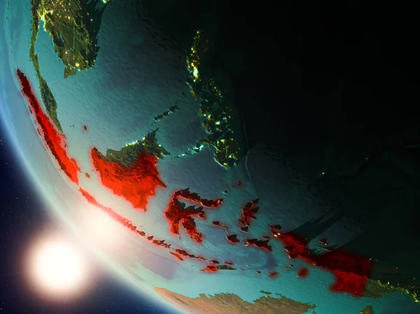 Planet Earth görünür ülke sınırları ile kırmızı günbatımı sırasında vurgulanan Endonezya'nın uydu görüntüsü. 3D çizim. Nasa tarafından döşenmiş bu görüntü unsurları.