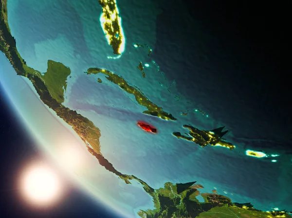 Planet Earth görünür ülke sınırları ile kırmızı günbatımı sırasında vurgulanan Jamaika uydu görüntüsü. 3D çizim. Nasa tarafından döşenmiş bu görüntü unsurları.