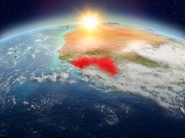 Uydu görüntüsü, red Planet Earth bulutlar ile gündoğumu sırasında vurgulanmış Gine. 3D çizim. Nasa tarafından döşenmiş bu görüntü unsurları.