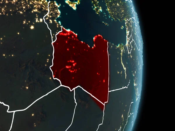 Libya Haritası beyaz sınır çizgileri ve şehir ışıkları ile gece gezegeni uzaydan görüldüğü gibi kırmızı. 3D çizim. Nasa tarafından döşenmiş bu görüntü unsurları.