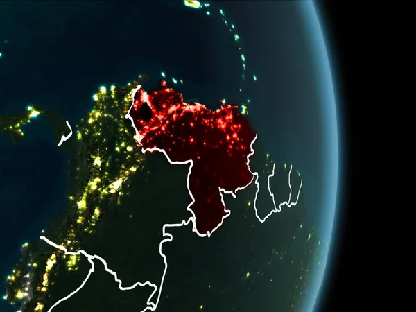 Venezuela Haritası beyaz sınır çizgileri ve şehir ışıkları ile gece gezegeni uzaydan görüldüğü gibi kırmızı. 3D çizim. Nasa tarafından döşenmiş bu görüntü unsurları.
