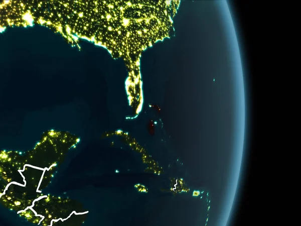 Mapa Bahamów Czerwono Jak Widać Miejsca Ziemi Nocy Białym Granica — Zdjęcie stockowe