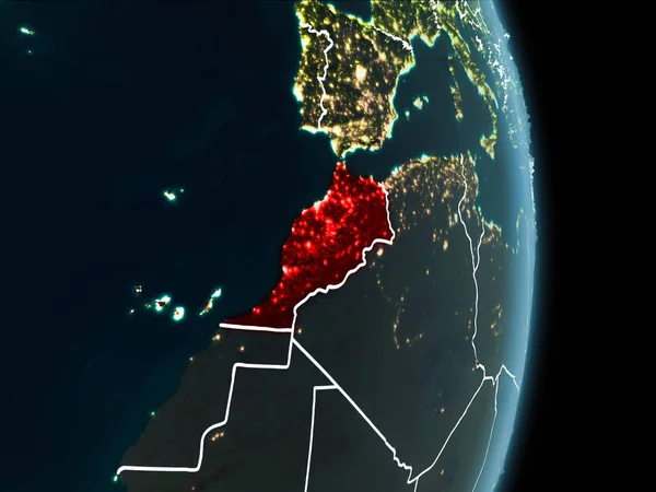 Fas Haritası beyaz sınır çizgileri ve şehir ışıkları ile gece gezegeni uzaydan görüldüğü gibi kırmızı. 3D çizim. Nasa tarafından döşenmiş bu görüntü unsurları.