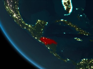 Honduras son derece detaylı yüzey dokuları ile gece Dünya gezegeninin yörüngeden. 3D çizim. Nasa tarafından döşenmiş bu görüntü unsurları.