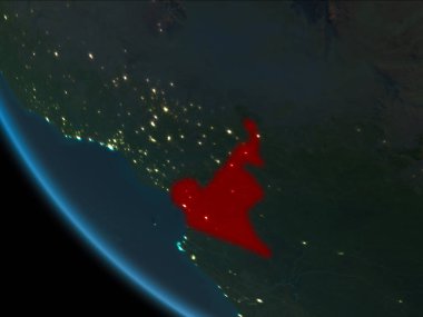 Kamerun son derece detaylı yüzey dokuları ile gece Dünya gezegeninin yörüngeden. 3D çizim. Nasa tarafından döşenmiş bu görüntü unsurları.