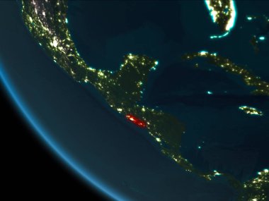 El Salvador son derece detaylı yüzey dokuları ile gece Dünya gezegeninin yörüngeden. 3D çizim. Nasa tarafından döşenmiş bu görüntü unsurları.
