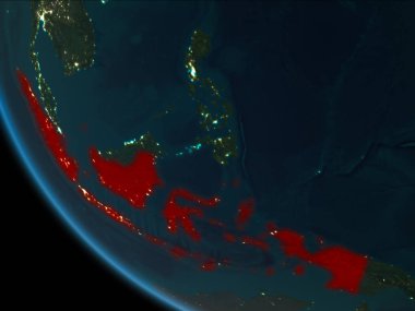 Endonezya son derece detaylı yüzey dokuları ile gece Dünya gezegeninin yörüngeden. 3D çizim. Nasa tarafından döşenmiş bu görüntü unsurları.