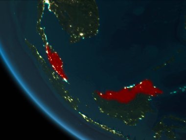 Malezya son derece detaylı yüzey dokuları ile gece Dünya gezegeninin yörüngeden. 3D çizim. Nasa tarafından döşenmiş bu görüntü unsurları.