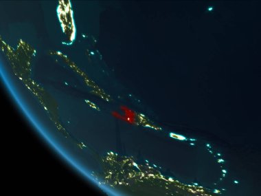 Son derece detaylı yüzey dokuları ile gece Dünya gezegeninin yörüngesine Haiti'den. 3D çizim. Nasa tarafından döşenmiş bu görüntü unsurları.