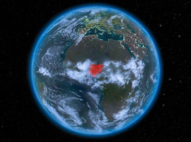 Gece görünümü Nijerya red Planet Earth atmosfer ve bulutlar ile vurgulanır. 3D çizim. Nasa tarafından döşenmiş bu görüntü unsurları.