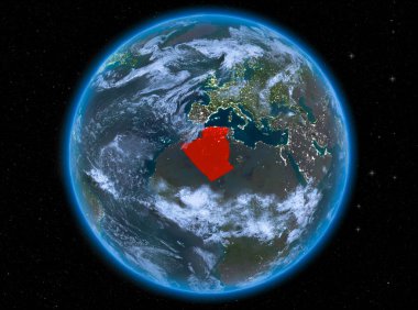 Gece görünümü Cezayir red Planet Earth atmosfer ve bulutlar ile vurgulanır. 3D çizim. Nasa tarafından döşenmiş bu görüntü unsurları.