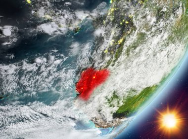 Sunrise son derece detaylı yüzey dokuları ve bulutlar Dünya gezegeninin yörüngeden Ekvador. 3D çizim. Nasa tarafından döşenmiş bu görüntü unsurları.